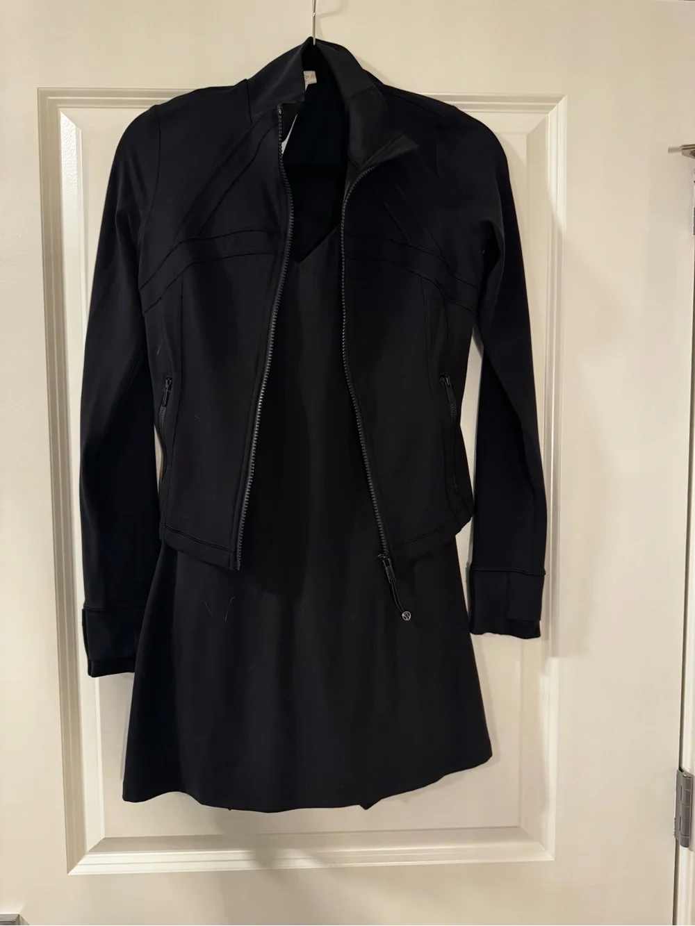 Lulu Black Zip-Front Define jacket and matching dress.